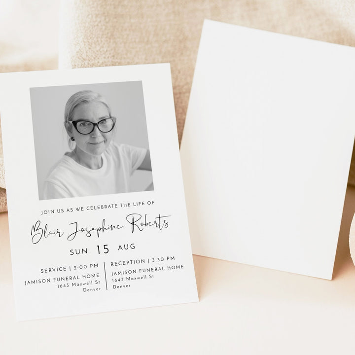 ADELLA Modern Minimalist Black & White Memorial Service Announcement with Photo
