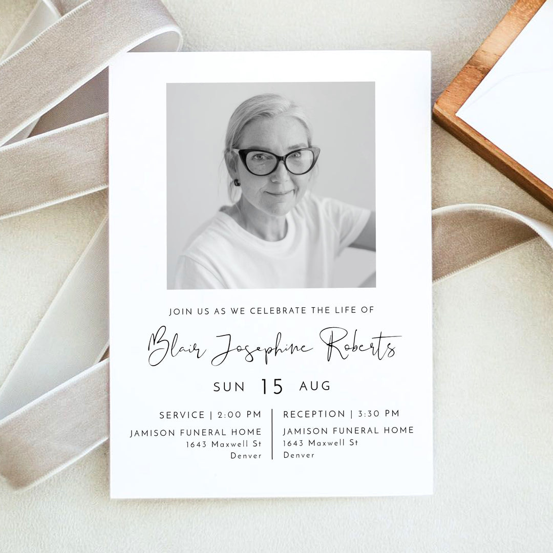 ADELLA Modern Minimalist Black & White Memorial Service Announcement with Photo