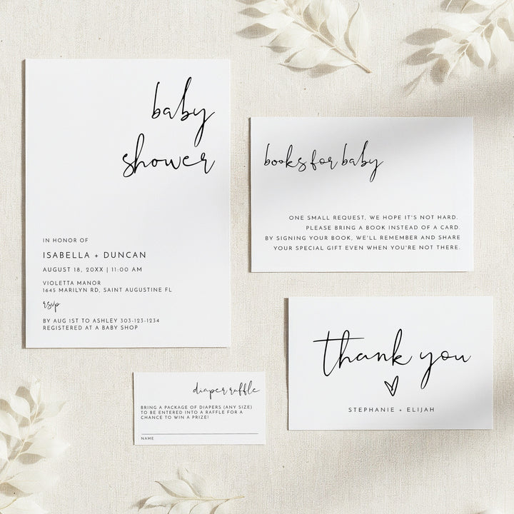 ADELLA Black & White Modern Minimalist Baby Shower Invitation Bundle
