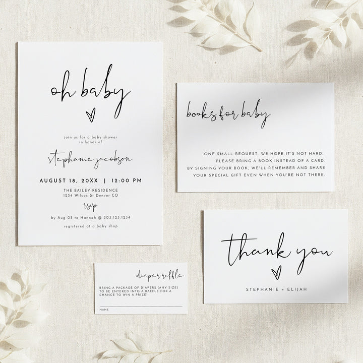 ADELLA Oh Baby Black & White Modern Minimalist Baby Shower Invitation Bundle