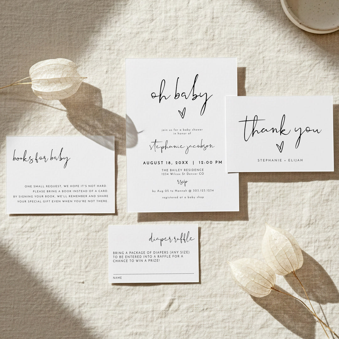 ADELLA Oh Baby Black & White Modern Minimalist Baby Shower Invitation Bundle