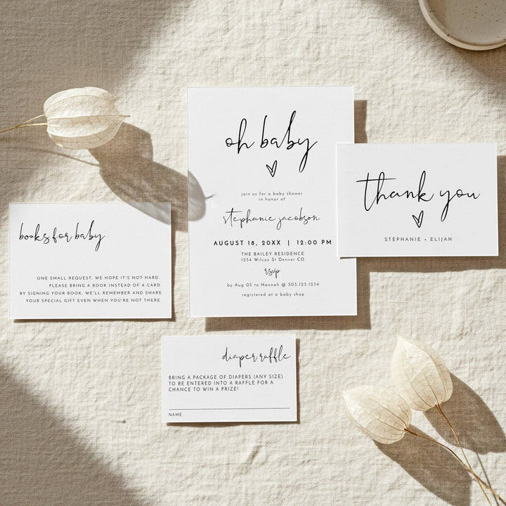 ADELLA Oh Baby Black & White Modern Minimalist Baby Shower Invitation Bundle