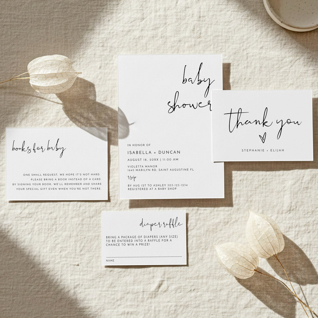 ADELLA Black & White Modern Minimalist Baby Shower Invitation Bundle