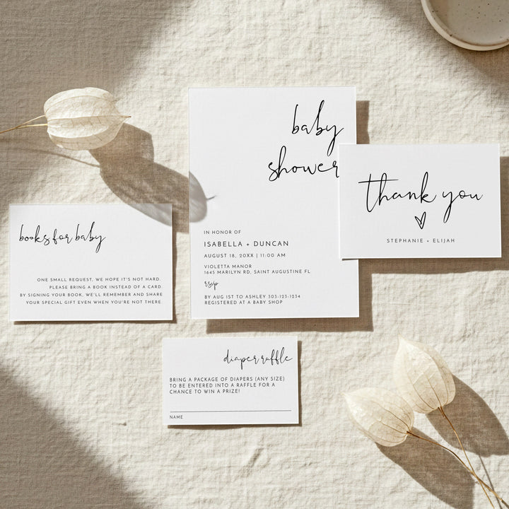 ADELLA Black & White Modern Minimalist Baby Shower Invitation Bundle