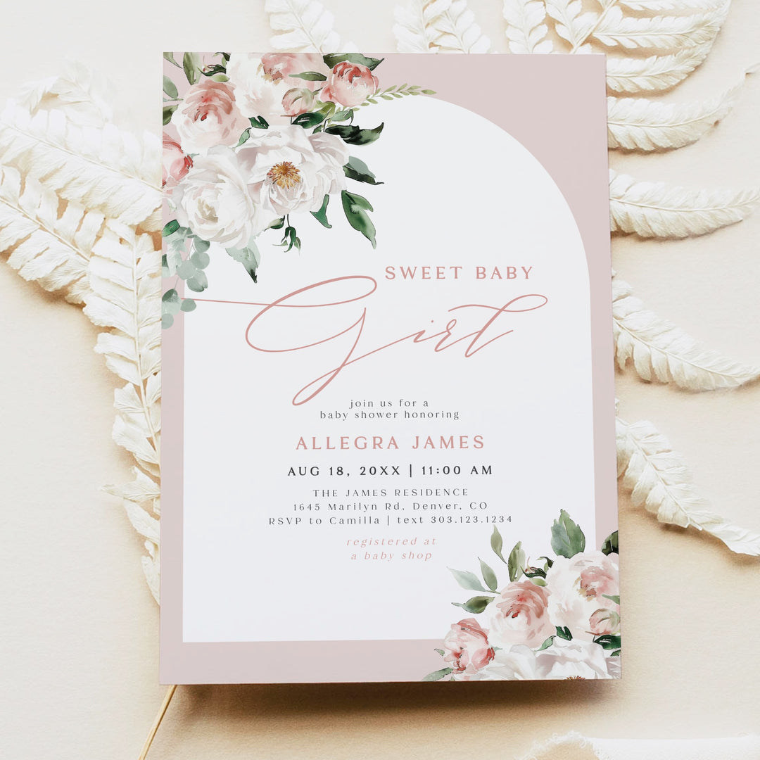 ALLEGRA Sweet Baby Girl Boho Blush Pink Floral Baby Shower Invitation Set