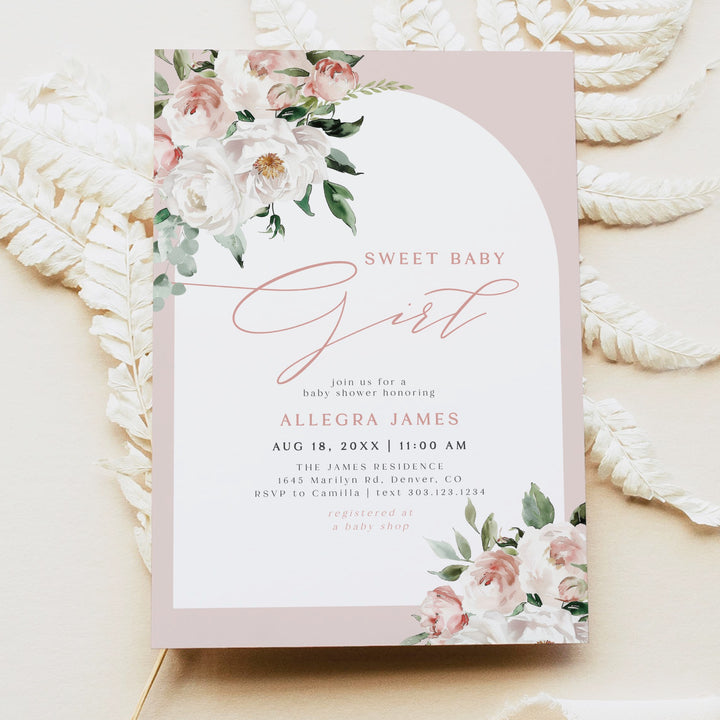 ALLEGRA Sweet Baby Girl Boho Blush Pink Floral Baby Shower Invitation Set
