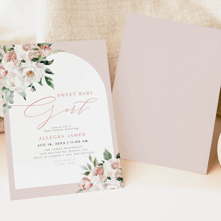 ALLEGRA Sweet Baby Girl Boho Blush Pink Floral Baby Shower Invitation Set