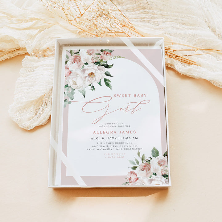 ALLEGRA Sweet Baby Girl Boho Blush Pink Floral Baby Shower Invitation Set