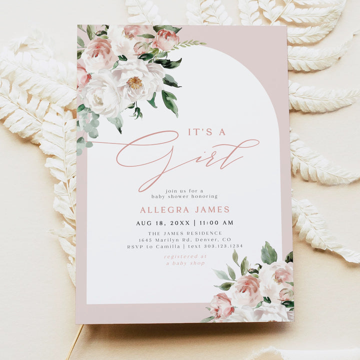 ALLEGRA It's a Girl Blush Pink Floral Baby Shower Invitation Set