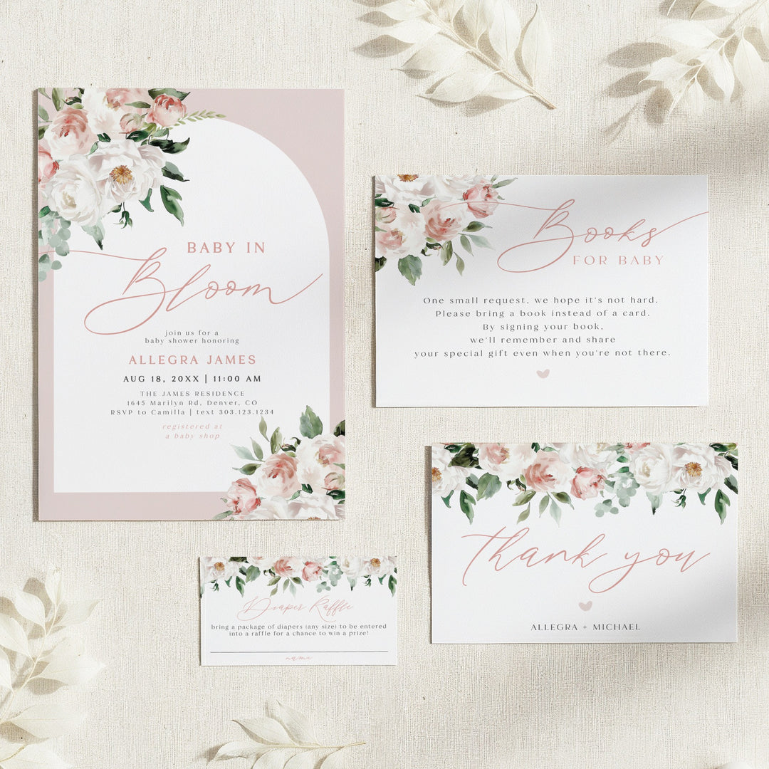 ALLEGRA Baby In Bloom Blush Pink Floral Baby Shower Invitation Set