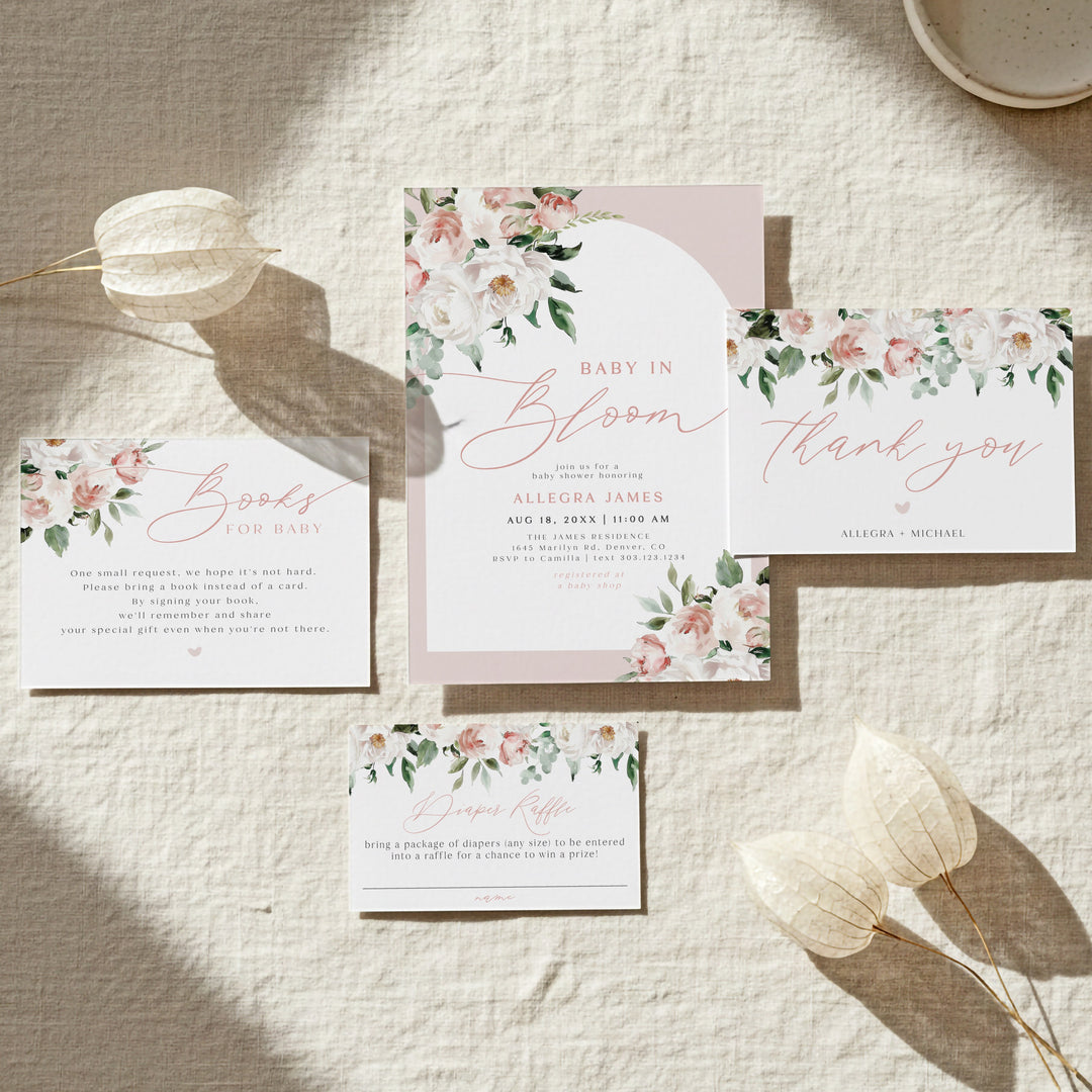 ALLEGRA Baby In Bloom Blush Pink Floral Baby Shower Invitation Set