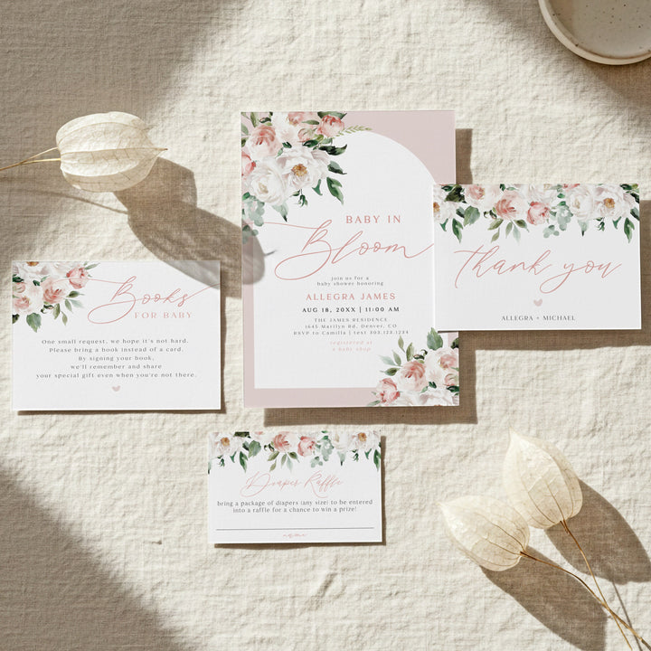 ALLEGRA Baby In Bloom Blush Pink Floral Baby Shower Invitation Set