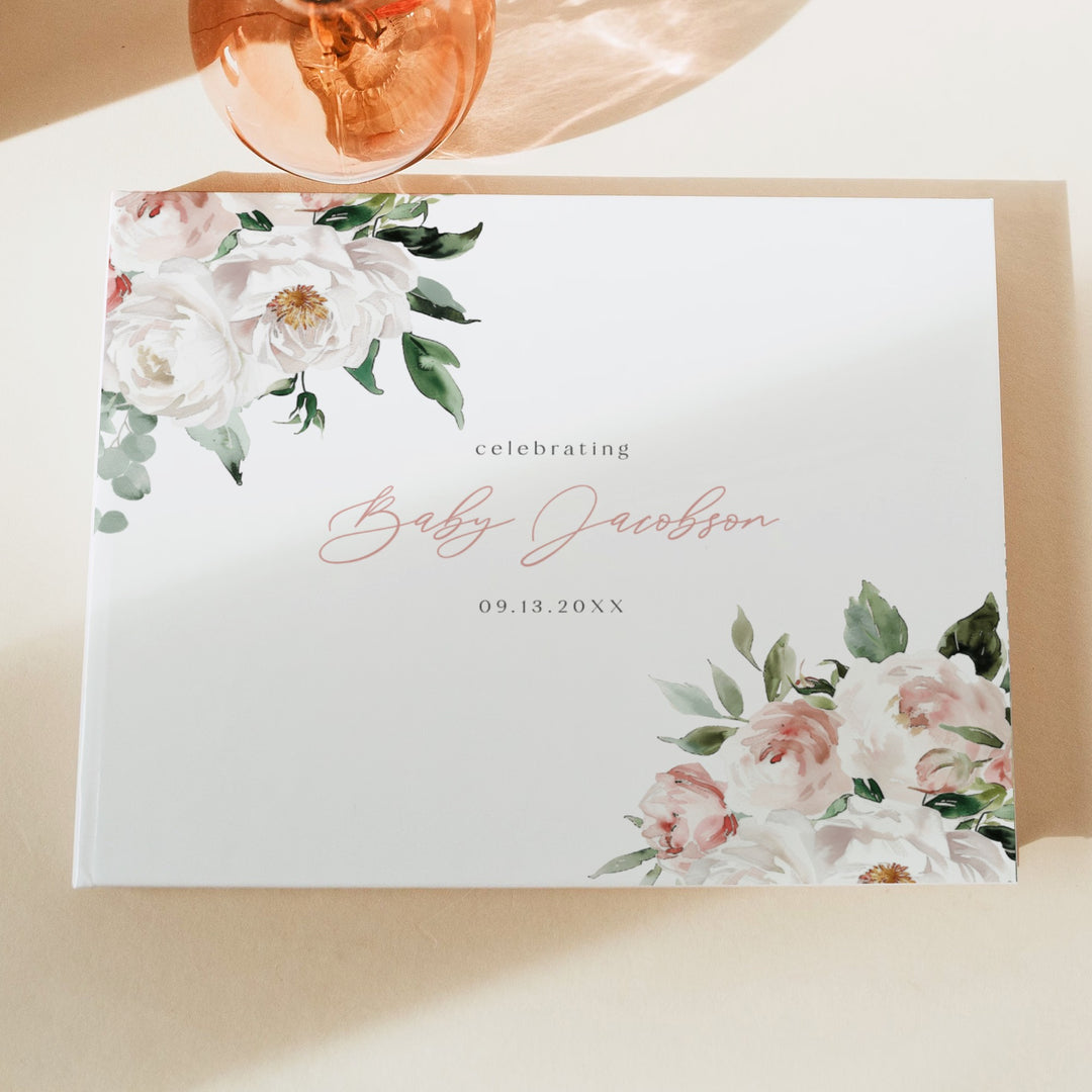 ALLEGRA Baby In Bloom Boho Blush Pink Floral Baby Shower Guest Book Keepsake