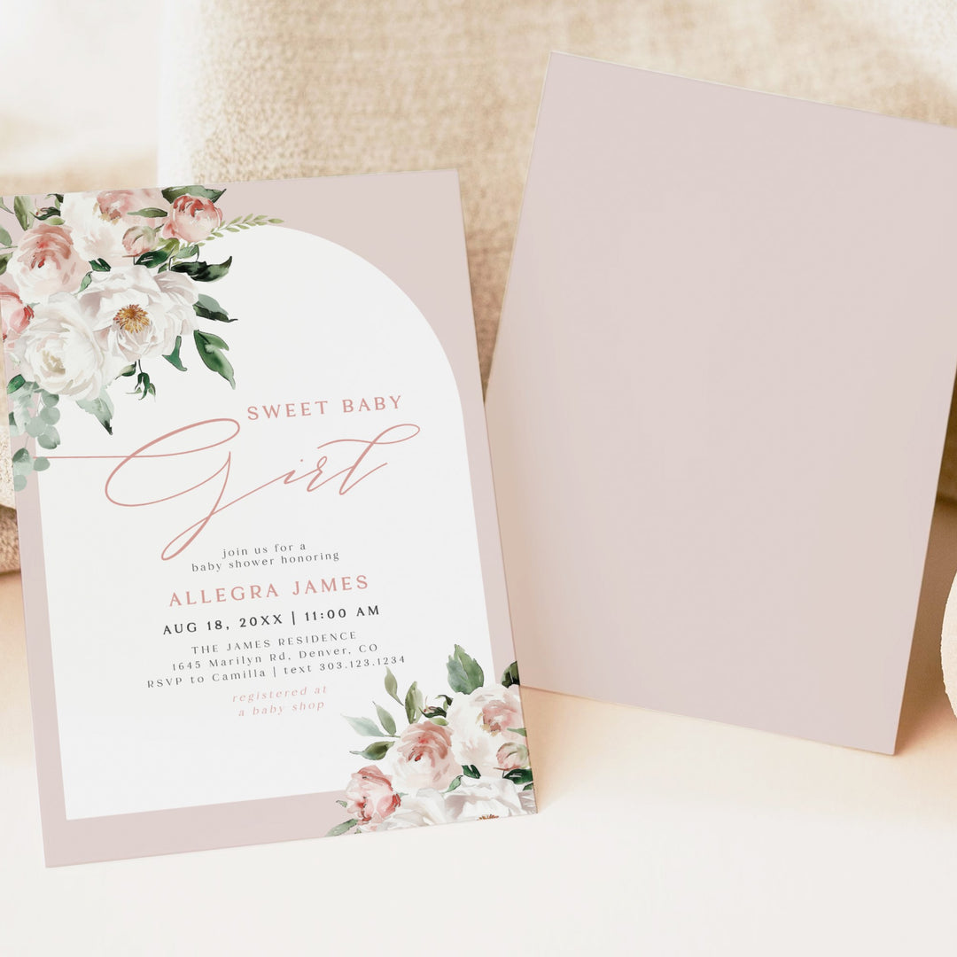 ALLEGRA Sweet Baby Girl Boho Blush Floral Baby Shower Invitation