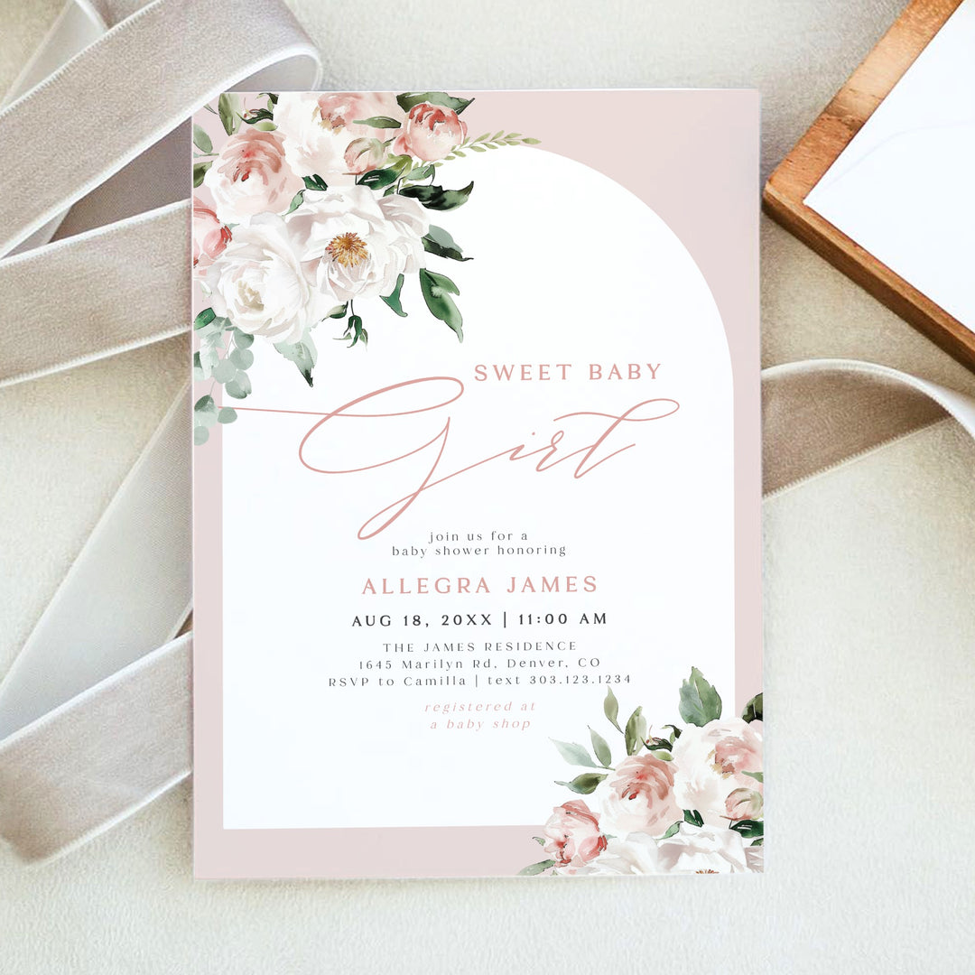 ALLEGRA Sweet Baby Girl Boho Blush Floral Baby Shower Invitation