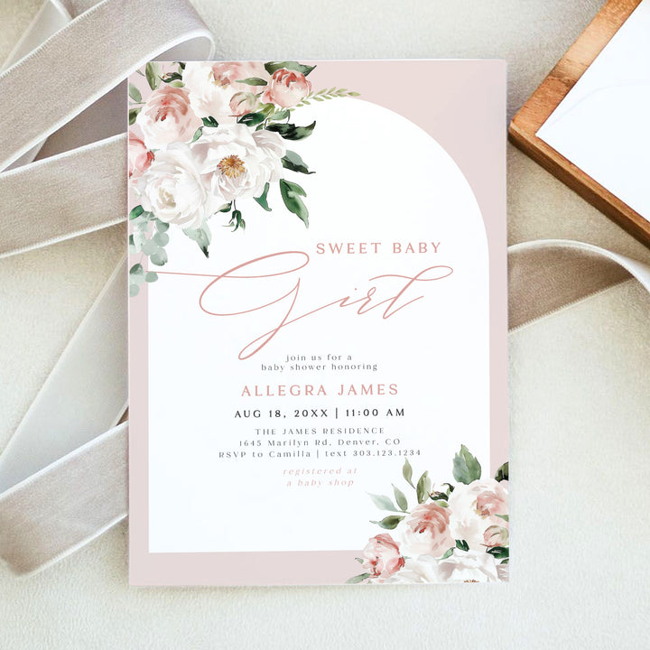 ALLEGRA Sweet Baby Girl Boho Blush Floral Baby Shower Invitation
