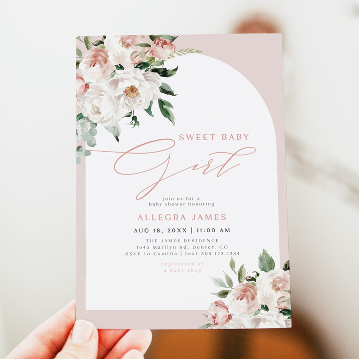 ALLEGRA Sweet Baby Girl Boho Blush Floral Baby Shower Invitation