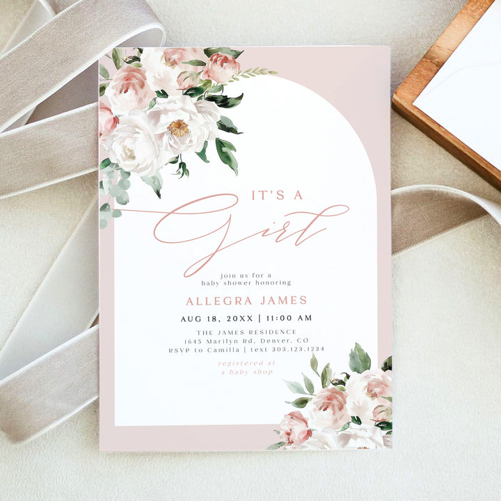 ALLEGRA It's a Girl Boho Blush Floral Baby Shower Invitation