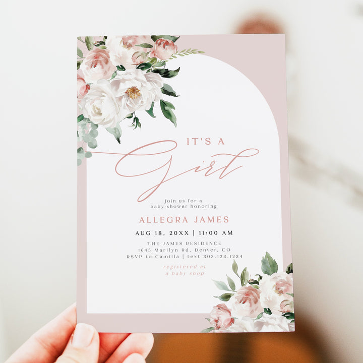 ALLEGRA It's a Girl Boho Blush Floral Baby Shower Invitation