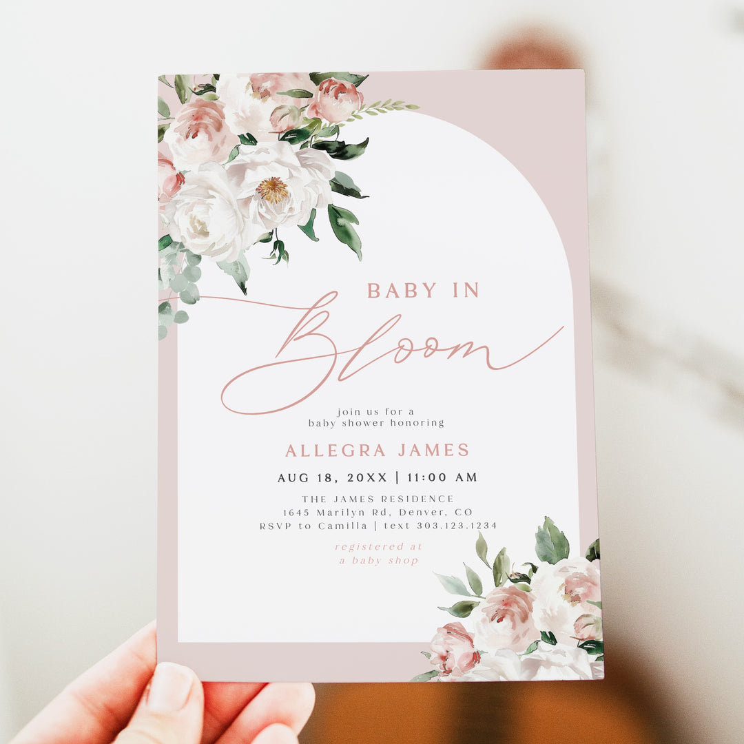 ALLEGRA Baby In Bloom Boho Blush Floral Baby Shower Invitation