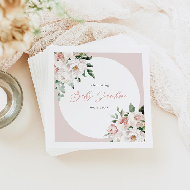 ALLEGRA Personalized Baby In Bloom Boho Blush Pink Floral Baby Shower Napkins