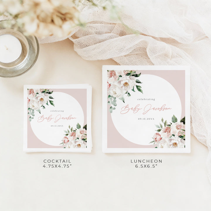 ALLEGRA Personalized Baby In Bloom Boho Blush Pink Floral Baby Shower Napkins