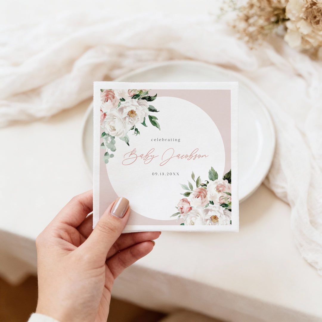 ALLEGRA Personalized Baby In Bloom Boho Blush Pink Floral Baby Shower Napkins