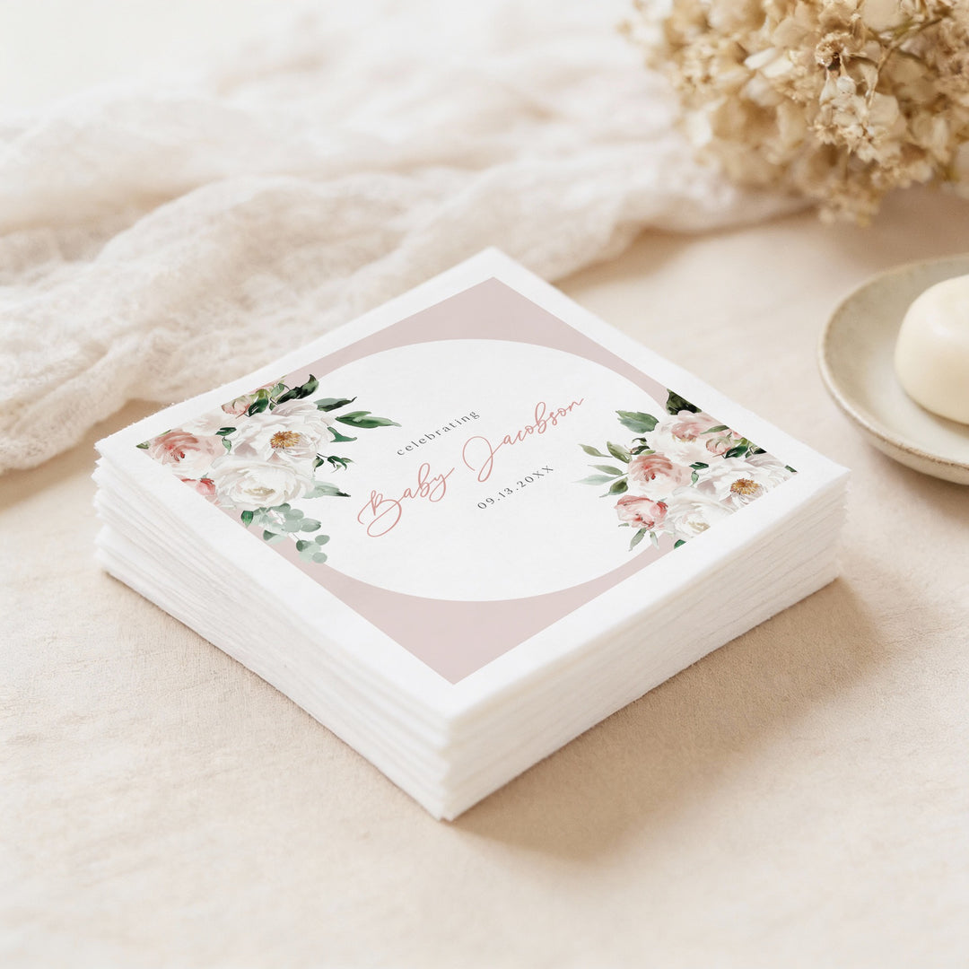 ALLEGRA Personalized Baby In Bloom Boho Blush Pink Floral Baby Shower Napkins