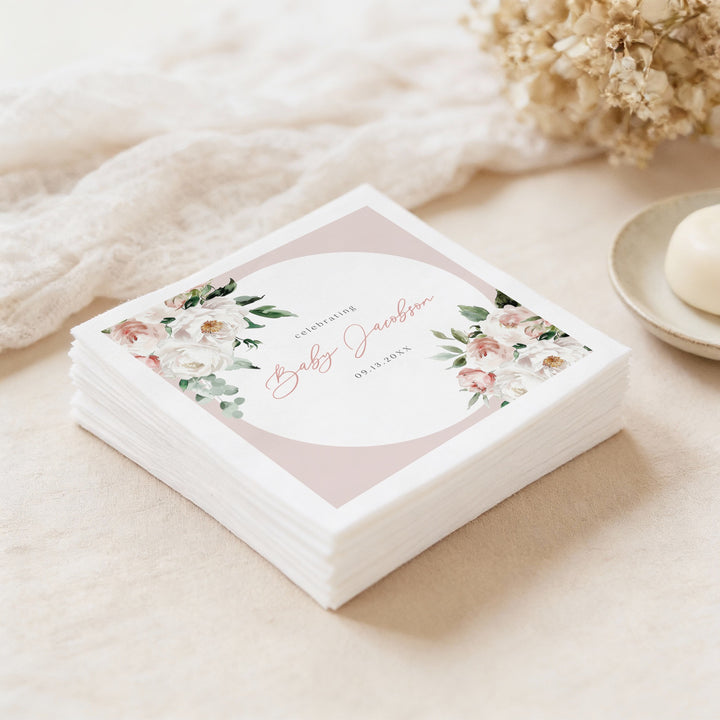 ALLEGRA Personalized Baby In Bloom Boho Blush Pink Floral Baby Shower Napkins
