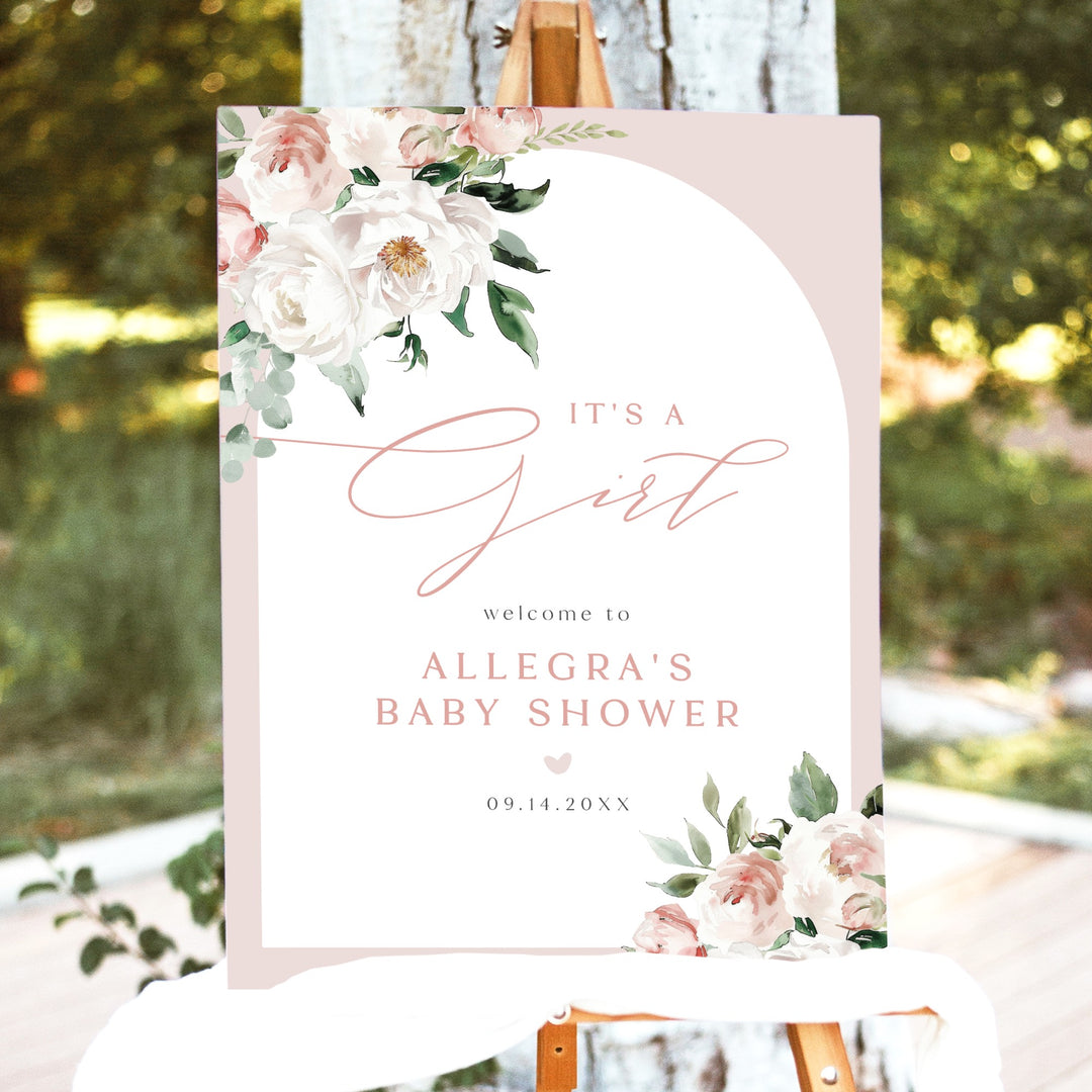 ALLEGRA It's a Girl Boho Blush Floral Baby Shower Welcome Sign