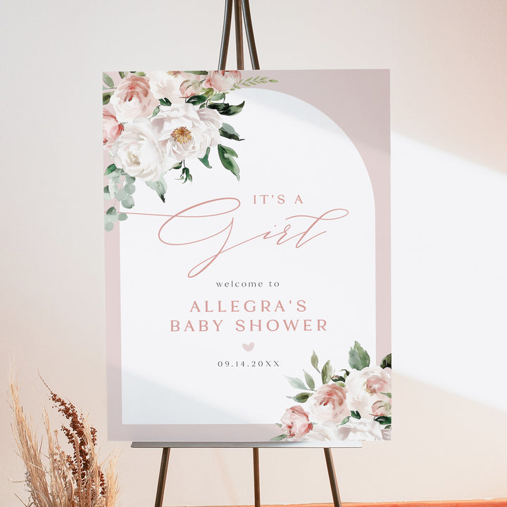 ALLEGRA It's a Girl Boho Blush Floral Baby Shower Welcome Sign