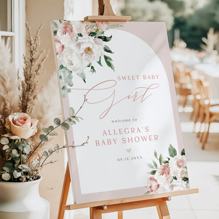 ALLEGRA Sweet Baby Girl Boho Blush Floral Baby Shower Welcome Sign