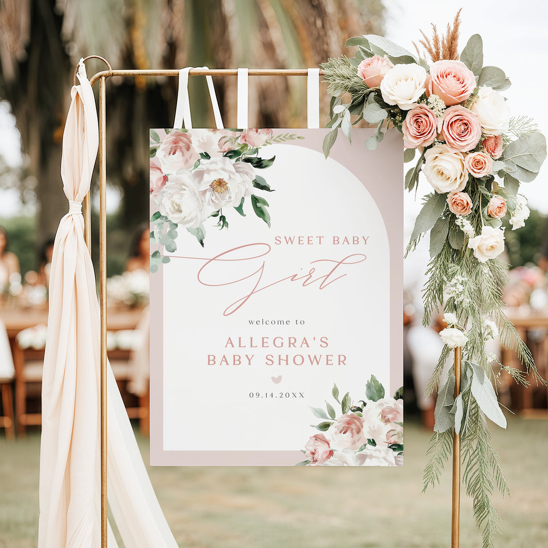 ALLEGRA Sweet Baby Girl Boho Blush Floral Baby Shower Welcome Sign