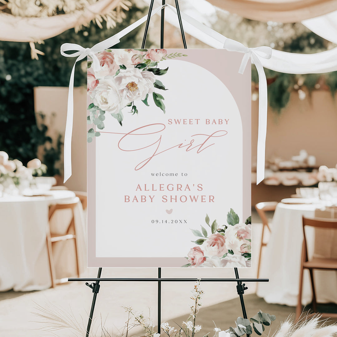 ALLEGRA Sweet Baby Girl Boho Blush Floral Baby Shower Welcome Sign