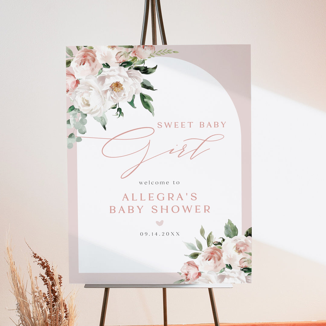 ALLEGRA Sweet Baby Girl Boho Blush Floral Baby Shower Welcome Sign