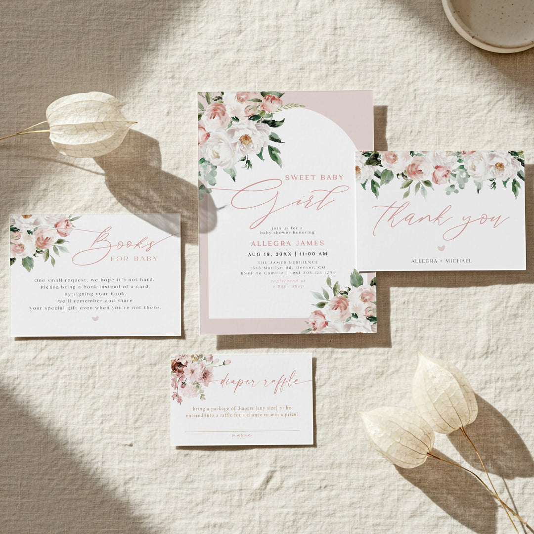 ALLEGRA Sweet Baby Girl Boho Blush Pink Floral Baby Shower Invitation Set