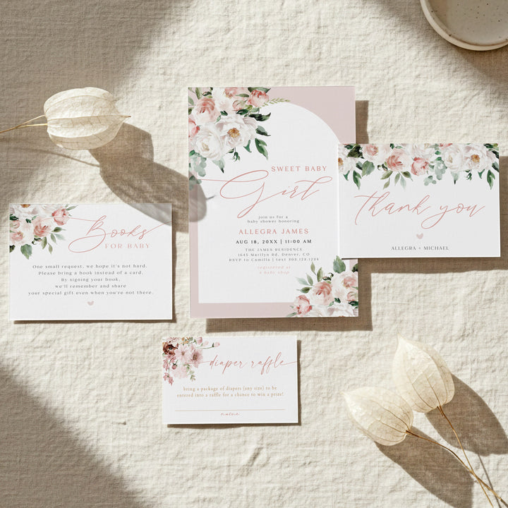 ALLEGRA Sweet Baby Girl Boho Blush Pink Floral Baby Shower Invitation Set