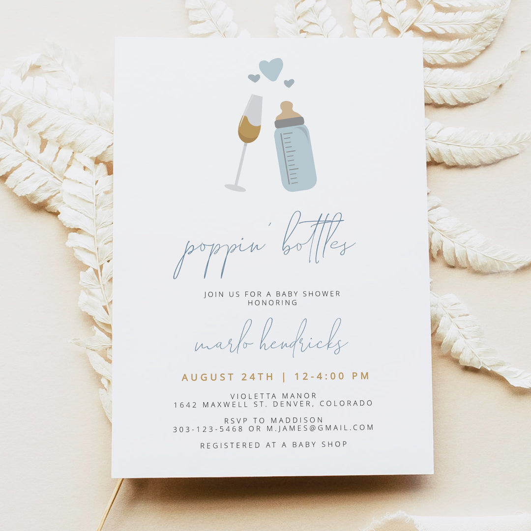ANDI Poppin' Bottles Dusty Blue Baby Shower Invitation Bundle
