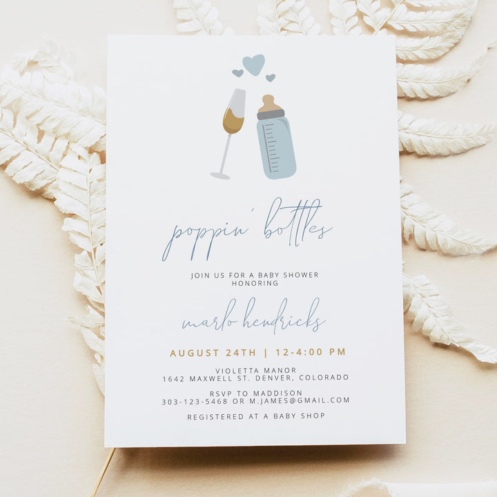 ANDI Poppin' Bottles Dusty Blue Baby Shower Invitation Bundle