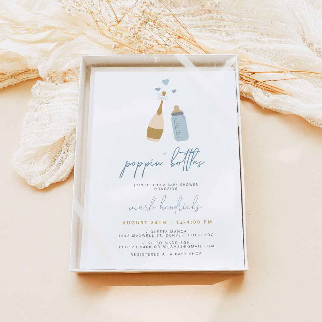 ANDI Poppin' Bottles Dusty Blue Champagne Baby Shower Invitation Bundle
