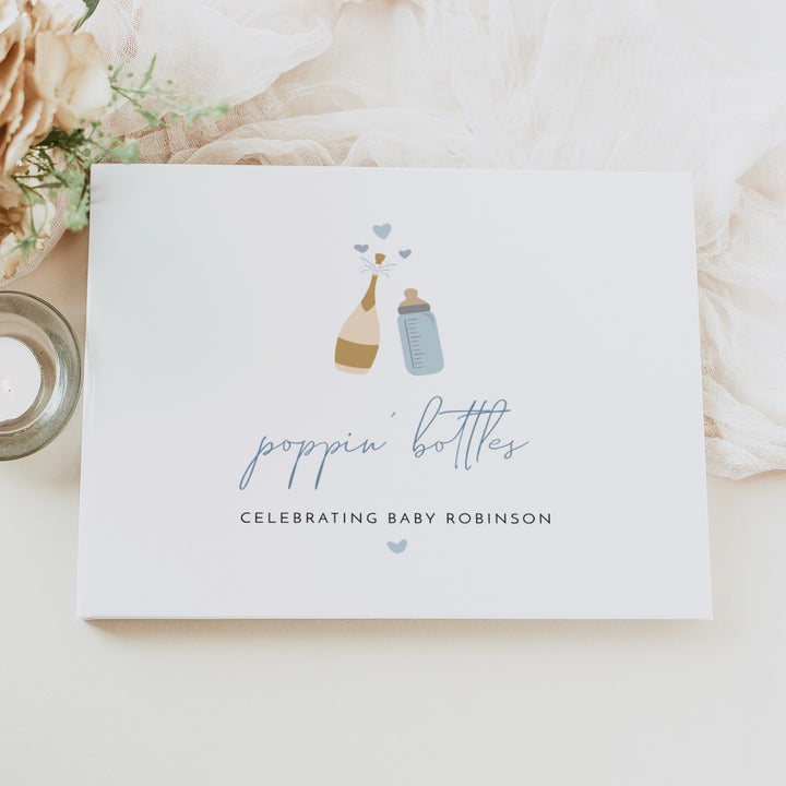 ANDI Poppin' Bottles Blue Champagne Bottle Baby Shower Guest Book Personalized