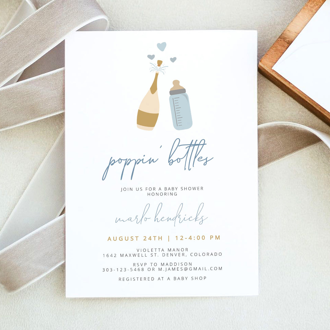ANDI Poppin' Bottles Champagne Bottle Baby Boy Baby Shower Invitation