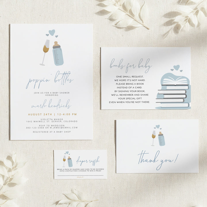 ANDI Poppin' Bottles Dusty Blue Baby Shower Invitation Bundle