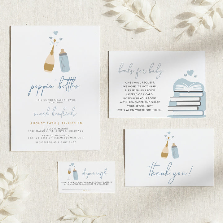 ANDI Poppin' Bottles Dusty Blue Champagne Baby Shower Invitation Bundle