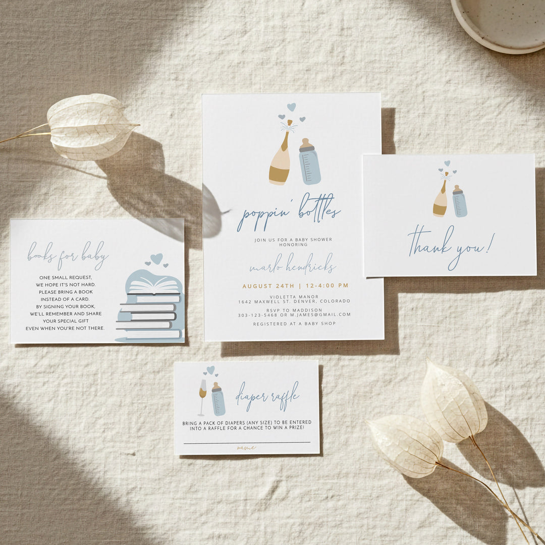 ANDI Poppin' Bottles Dusty Blue Champagne Baby Shower Invitation Bundle