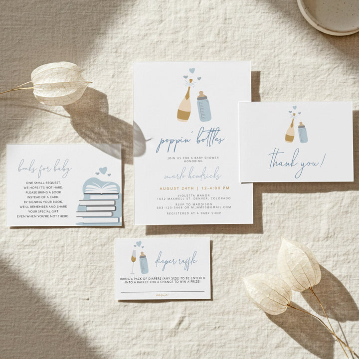 ANDI Poppin' Bottles Dusty Blue Champagne Baby Shower Invitation Bundle