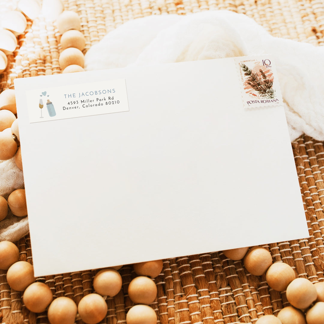 ANDI Poppin' Bottles Dusty Blue Champagne Glass Return Address Label