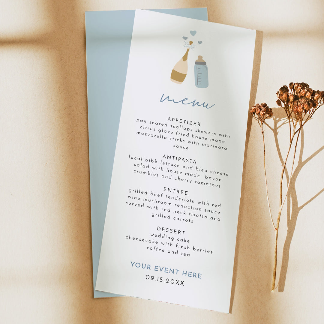 ANDI Poppin' Bottles Dusty Blue Champagne Bottle Baby Shower Menu Cards