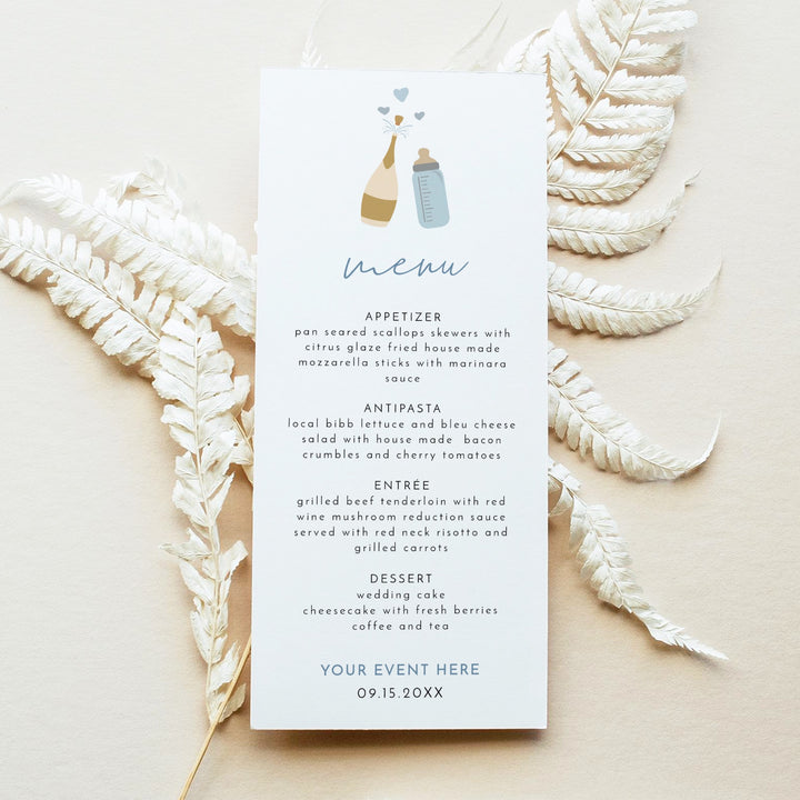 ANDI Poppin' Bottles Dusty Blue Champagne Bottle Baby Shower Menu Cards