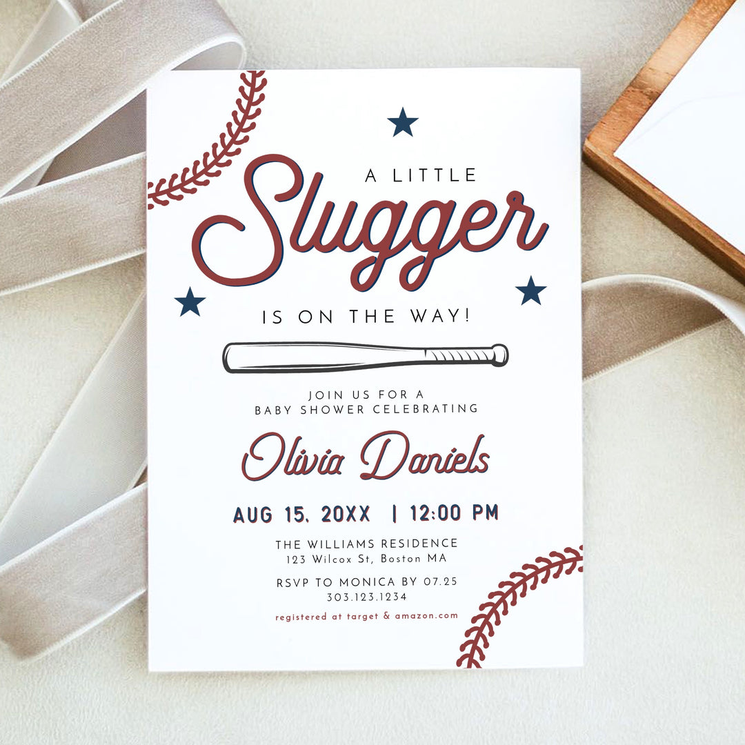 BARRY Little Slugger On The Way Baby Boy Baseball Baby Shower Invitation